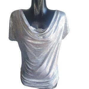 Black Collection Silver Metallic Short Sleeve Draped Neckline Top M